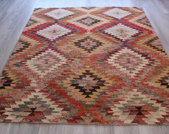 Diamond Design Kilim, Bohemian Kilim Rug, Vintage Kilim Rug , Ethnic Kilim Rug, Large Area Kilim / N- 11110 / 6'x7' feet