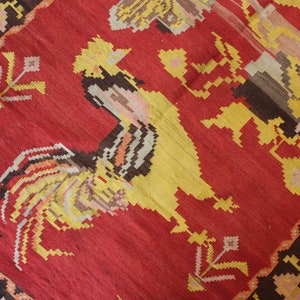 Vintage Armenian Kilim Rug, Ethnic Flat woven Rug, Cockerel Design  Kilim Rug , Vintage Wall Hanging Kilim Rug / N-1166 / 4&#39;8&quot;x7&#39;4&quot;
