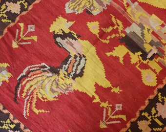Vintage Armenian Kilim Rug, Ethnic Flat woven Rug, Cockerel Design  Kilim Rug , Vintage Wall Hanging Kilim Rug / N-1166 / 4'8"x7'4"