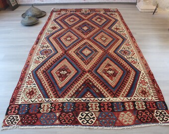 Tapis Kilim vintage, Tapis Kilim ethnique, Tapis Boho Kilim, Kilim anatolien, Tapis Kilim KARS antique, Kilim bohemaian / N-979 / 4'9"x9'8 » pieds