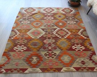 Vıntage Anatolian Kilim Rug, Ethnic Handwoven Kilim Rug, Bohemian Kilim Rug / N-1509 / 4'7"x5'6"
