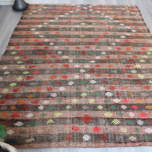 Duży dywan kilimowy, etniczny dywan kilimowy, boho kilimowy, tkany ręcznie, w paski, anatolijski dywan kilimowy / N-603 / 5'9"x7'8" stóp