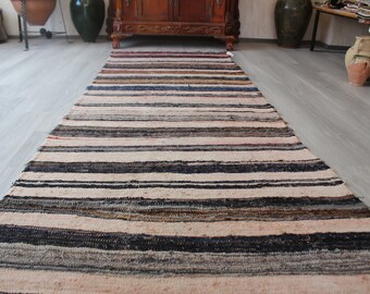 Chodnik, chodnik z prążkowanego materiału, chodnik etniczny, chodnik boho, chodnik vintage z prążkowanego materiału, chodnik w paski / 3'4"x11'5" stóp / N-552