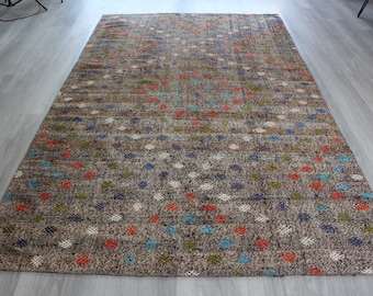 Grijze Kelim-tapijt, etnisch plat tapijt, Boho-tapijt, handgeweven wollen kelim-tapijt / N-1322 / 5'6"x9'4"