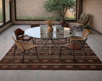 Bohemian Ethnic Handwoven Kilim Rug , 6'7''x9'5'' , Striped Brown Rug / N-2093