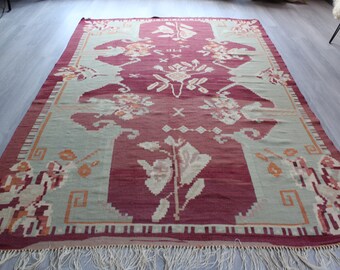 Vintage SARKOY Kilim Pillow, Ethnic Mint Green Kilim Rug, Burgundy Floral Kilim Rug , Bohemian Kilim Rug / N-1307 / 6'4"x9'3"
