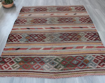 Ethnic Flat Rug, Jijim Kilim Rug, Bohemian Kilim Rug, Ethnic Handwoven Aztec style rug / N-1356 / 5'5"x6'9"