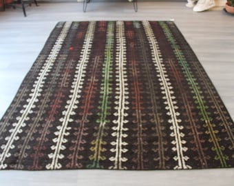 Ethnic Brown  Rug, Striped Black Wool Kilim Rug, Vintage  Kilim Rug , Handwoven Wool Rug / N-1385 / 5'6"x8'