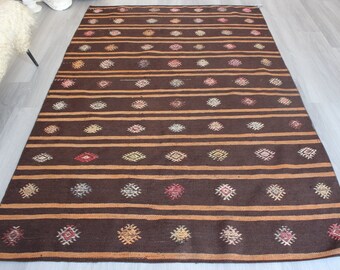 Brown Kilim Rug, Vintage Striped Kilim Rug, Bohemian Kilim Rug / N-1379 / 5'2"x8'