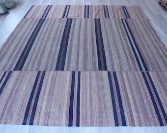 Large Striped Kilim Rug, Striped Area Rug, Grayish Lavender Kilim Rug, Large Bohemian Kilim, Handwoven Striped Rug / N-1217 / 7'9"x9'4"