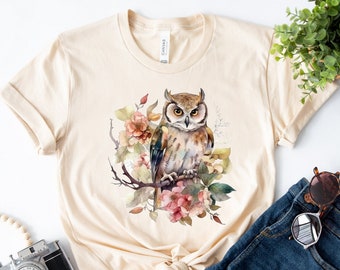 Chemise florale hibou, T-shirt fleur hibou, cadeau d'anniversaire, T-shirt hibou, chemise jardinier, amoureux de la nature, chemise amoureux des animaux, chemise hibou, chemise chouette mignonne