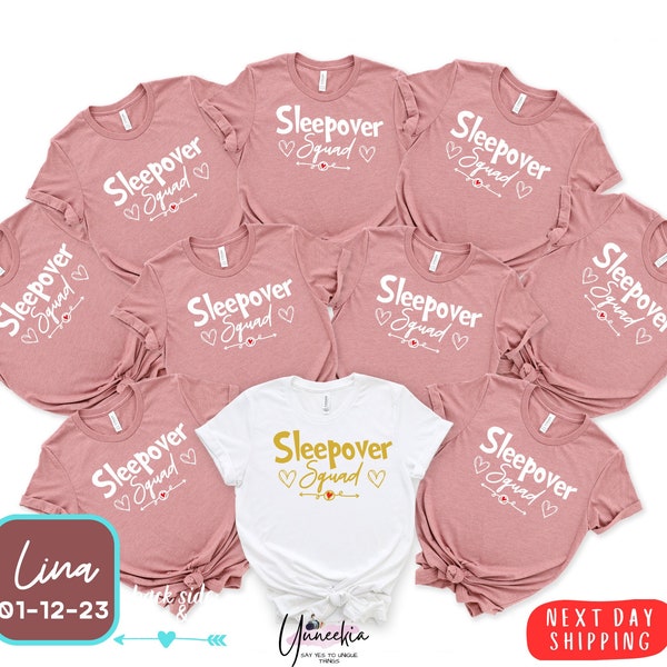 Personalisiertes Sleepover-Squad-Shirt mit Namen und Text auf der Rückseite, Sleepover-Mädchen-Geburtstagsparty-Shirt, Pyjama-Party-Shirt, Sleepover-Pyjama-Shirt