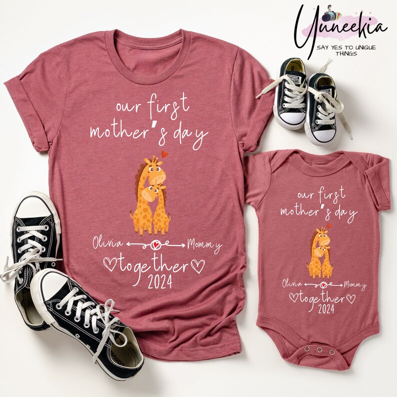 Our First Mother's Day Together Custom Baby and Mommy Names Cute Giraffes Shirt Onesie® Matching Gift Tee Set for Mothers Day Photo Party image 2