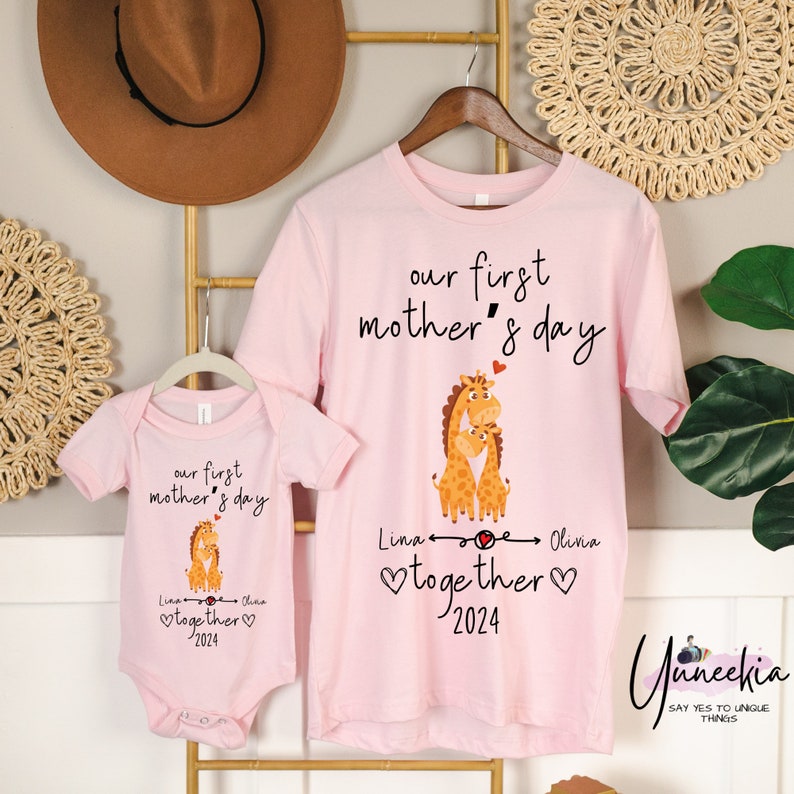Our First Mother's Day Together Custom Baby and Mommy Names Cute Giraffes Shirt Onesie® Matching Gift Tee Set for Mothers Day Photo Party image 3