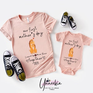 Our First Mother's Day Together Custom Baby and Mommy Names Cute Giraffes Shirt Onesie® Matching Gift Tee Set for Mothers Day Photo Party image 1