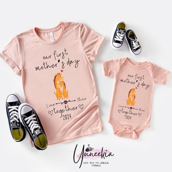 Our First Mother's Day Together Custom Baby and Mommy Names Cute Giraffes Shirt Onesie® Matching Gift Tee Set for Mother’s Day Photo Party