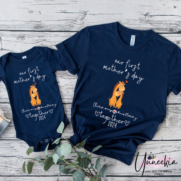 Our First Mother's Day Together Custom Baby and Mommy Names Cute Giraffes Shirt Onesie® Matching Gift Tee Set for Mother’s Day Photo Party