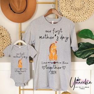 Our First Mother's Day Together Custom Baby and Mommy Names Cute Giraffes Shirt Onesie® Matching Gift Tee Set for Mothers Day Photo Party image 4