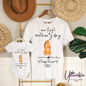 Our First Mother's Day Together Custom Baby and Mommy Names Cute Giraffes Shirt Onesie® Matching Gift Tee Set for Mothers Day Photo Party image 5