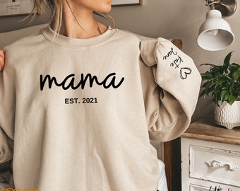 Custom Mama Sweatshirt, Personalized Mother Sweater With Kids Names, Heart On Sleeve, Gift For New Mom, Mother's Day Gift