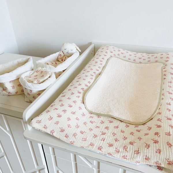 Housse de matelas à langer en double gaze de coton fleurie avec lange en éponge, décoration chambre bébé