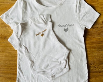 T shirt et body petit/grand frère ou sœur personnalisable en coton biologique