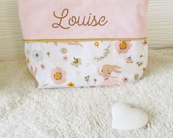 Grande trousse de toilette personnalisée pour petite fille avec des lapins danseuses et des fleurs