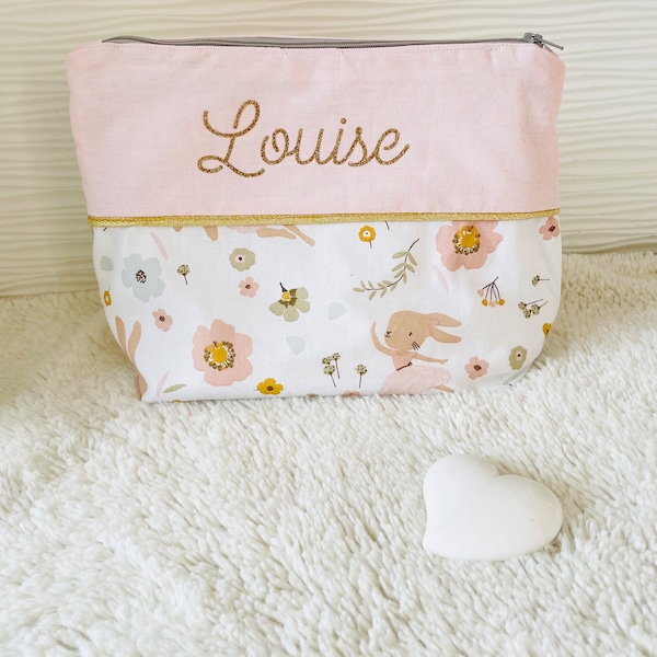 Grande trousse de toilette personnalisée pour petite fille avec des lapins danseuses et des fleurs