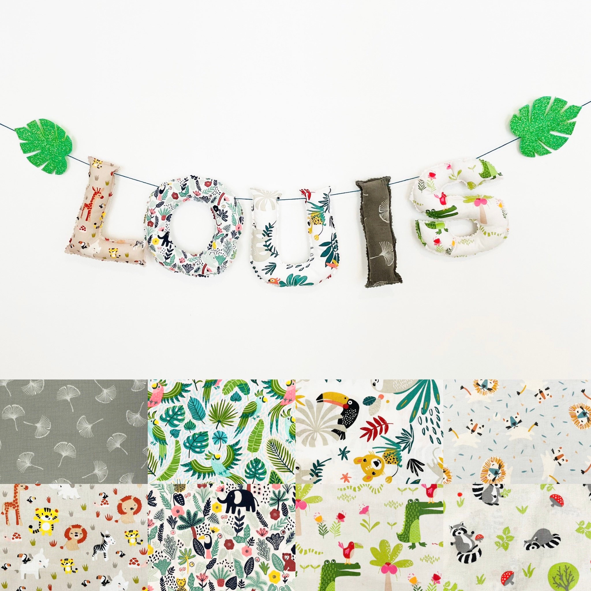 Guirlande de Lettre en Tissus Pour Chambre d'enfant ou Bébé, Thème Jungle Savane Animaux