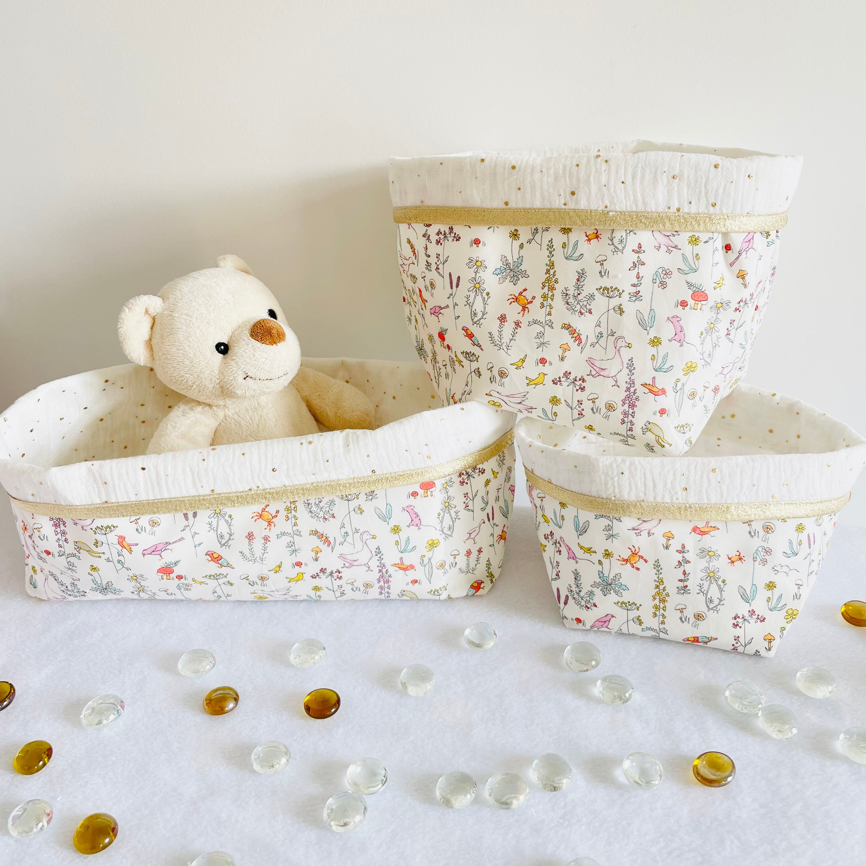 Ensemble de Paniers Rangements et Lingettes Lavable en Liberty Théo Pastel Double Gaze Écru Doré, Co