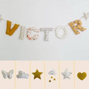 Fabric letter garland for child's or baby's room, gold, mustard and beige theme, first name garland