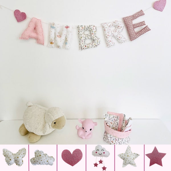 Guirlande de lettre en tissus pour chambre d’enfant ou bébé fille, thème rose gris doré, décoration bébé pastel. Guirlande prénom