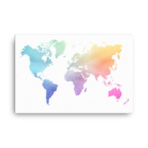 Grande carte du monde de toile d’arc-en-| 36 » x 24 » | Impression de carte du monde moderne | Carte de Travel Push Pin