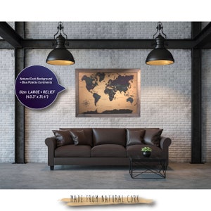 Luxe grote reliëf kurk wereldkaart (43,3" x 31,5") | Moderne punaise wereldkaart | Reiskaart