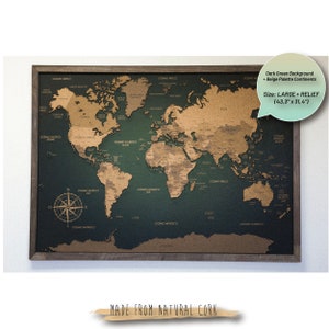 Hoogwaardige grote moderne kurkwereldkaart - push-pin-stijl (43,3" x 31,4") | Moderne kaartkurkprint | Reiskaart