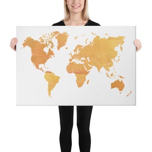 Grande carte du monde de toile orange d’or | 36 » x 24 » | Impression de carte du monde moderne | Carte de Travel Push Pin