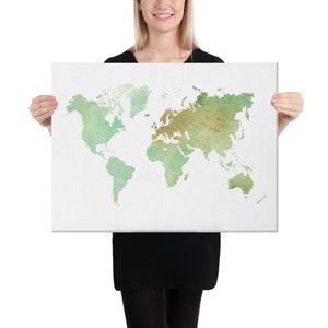 Carte du monde de toile moyenne de terre et de verts | 24 » x 18 » | Impression de carte du monde moderne | Carte de Travel Push Pin