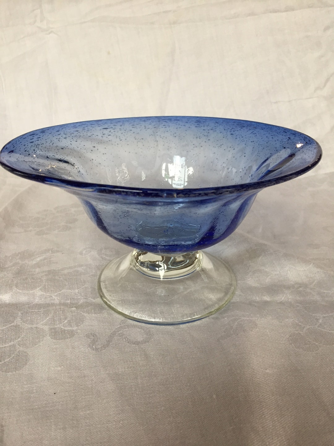 Vintage Blue Bowl With Clear Pedestal Base Etsy