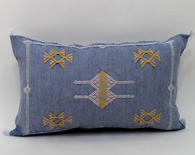 Blue silk pillow, Moroccan Sabra cushion, Gold handmade cactus silk pillow, Berber Sabra cushion, Pillow Throw, Moroccan Lumbar  Cushion