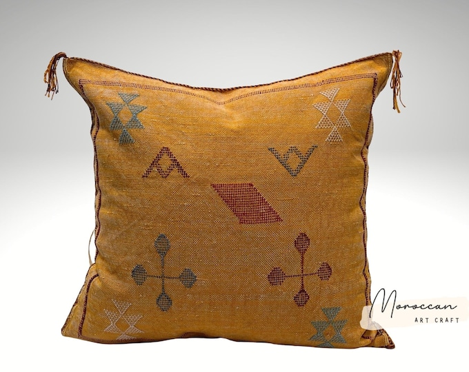 Yellow Pillows silk 20x20 ,aka Cactus Silk pillow , Lumbar Cushion Handmade Cactus Silk Pillow, Moroccan Sabra Decorative ALL SIZES