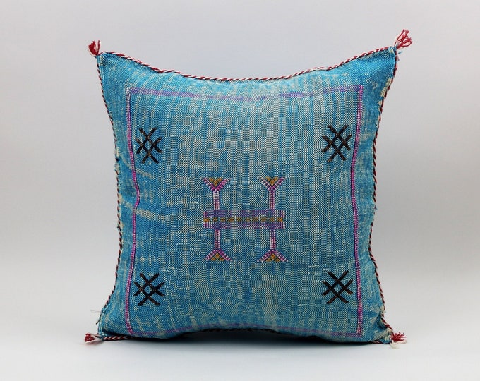 Handmade Moroccan Cactus Silk Pillow, Blue Embroidered Lumbar Cushion