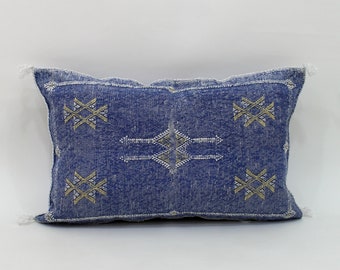 Blue silk pillow, Moroccan Sabra cushion, handmade cactus silk pillow, Berber Sabra cushion, Pillow Throw, Moroccan Lumbar Sabra Cushion