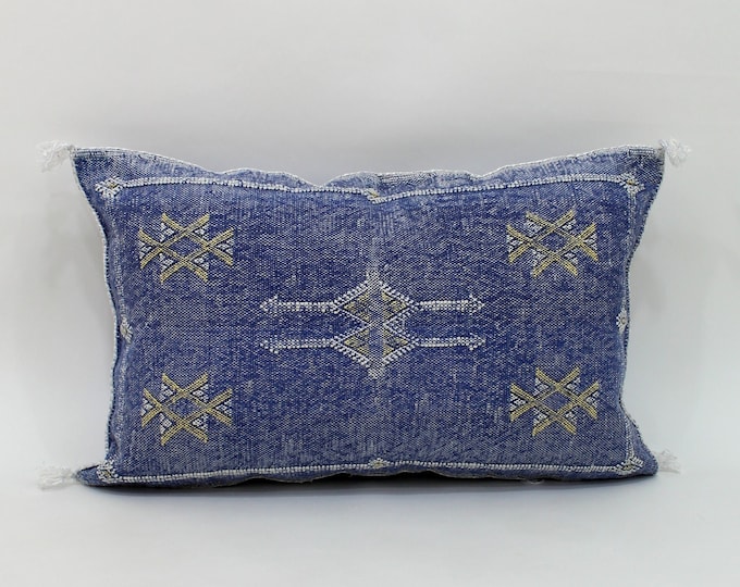 Blue silk pillow, Moroccan Sabra cushion, handmade cactus silk pillow, Berber Sabra cushion, Pillow Throw, Moroccan Lumbar Sabra Cushion