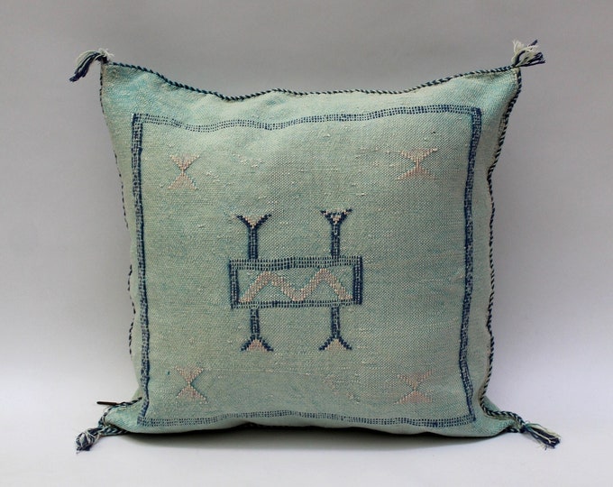Light Blue Cactus Silk Pillow, Handmade Moroccan Lumbar Cushion