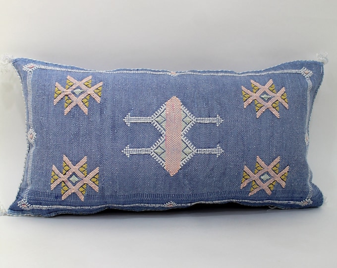 Blue silk pillow, Moroccan Sabra cushion, handmade cactus silk pillow, Berber Sabra cushion, Pillow Throw, Moroccan Lumbar Sabra Cushion