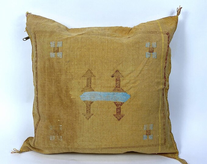 Handmade Yellow Cactus Silk Pillow, Moroccan Lumbar Cushion