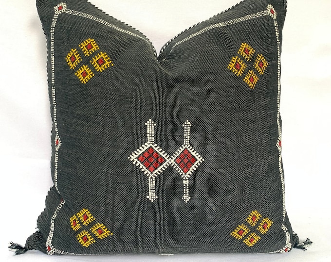 Black Pillows silk All sizes , Sabra Cactus Pillow Silk,  Lumbar Cushion Handmade Silk Decorative Pillow, Moroccan Sabra Decorative Cushion