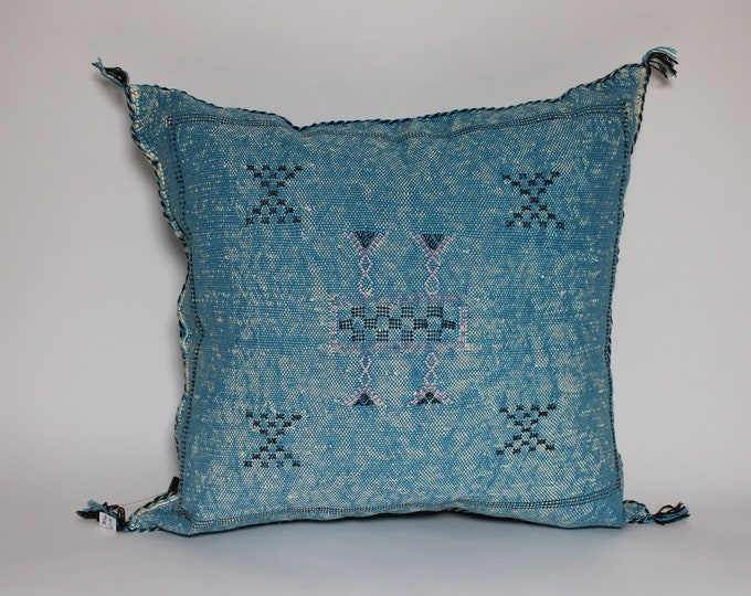 Blue Cactus Silk Pillow, Moroccan Lumbar Cushion, Handmade Sabra Pillow