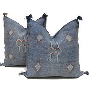 May include: Two blue throw pillows with embroidered geometric patterns in white and brown. The pillows have tassels on the corners.