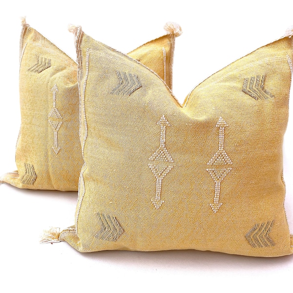 Almohadas amarillas de seda de todos los tamaños, almohada de seda de cactus, cojín lumbar amarillo, almohada decorativa de seda hecha a mano, cojín decorativo Sabra marroquí
